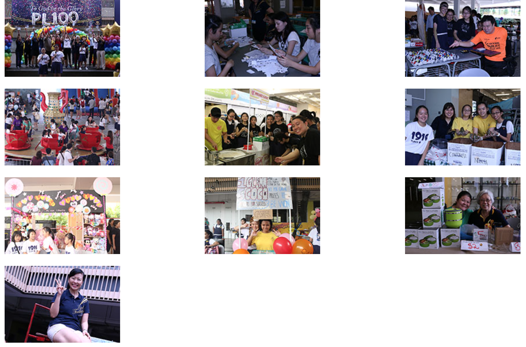 A collage of school event photos showing students at booths, activities, and a PL100 celebration stage with balloons.